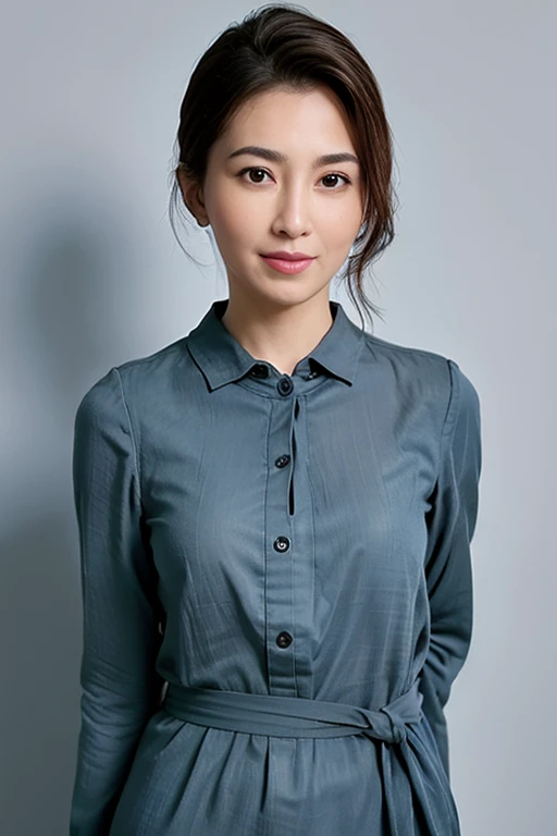 PA7_Photo_v3,  PA7_Human-Likeness, PA7_Skin-Imperfection, a woman, dark skin, slender, Chambray shirt dress with a tie waist and shirt collar, 
 PA7_Portrait-MS