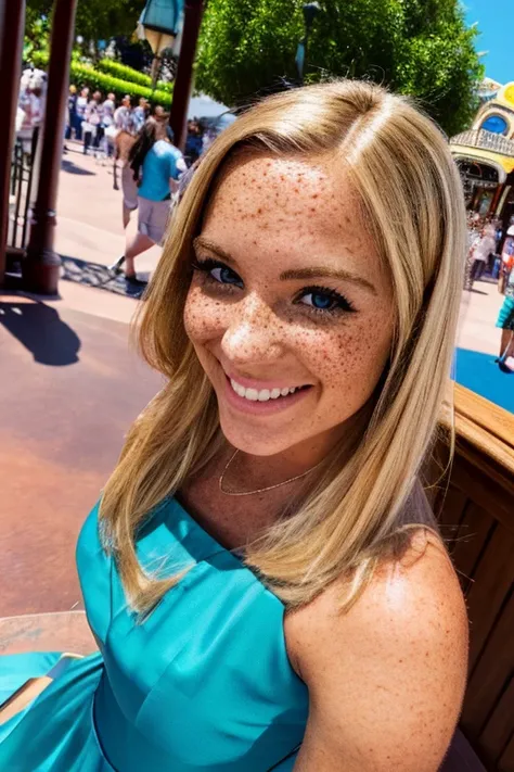 a beautiful bblonde woman, Smiling, freckles, straight dark hair, detailed face, wearing dress, ultrarealistic, in disney world, multiple views, pov, first-person view