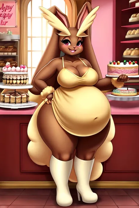 Lopunny, fat, big belly, big breasts, wide hips, huge butt, huge ears, brown fur, nice dress, girly, cake, bakery, smiling
