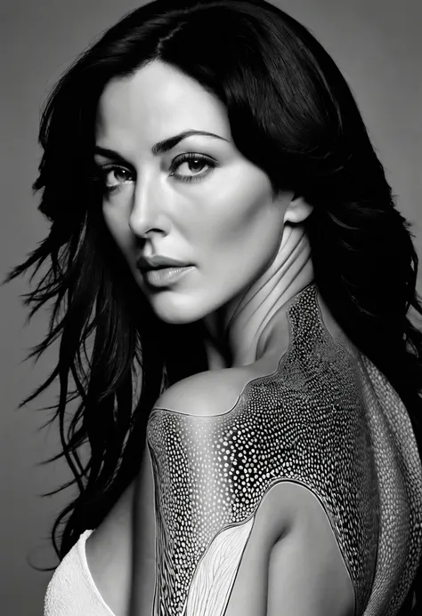 bipoc woman monica bellucci 30 years old. photonegative refractograph --ar 8:10 --v 6.0...cyberbiochemical art, ideal body anato...