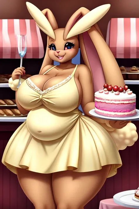 Lopunny, very fat, huge belly, big breasts, very wide hips, very huge butt, huge ears, brown fur, nice dress, girly, cake, bakery, smiling
