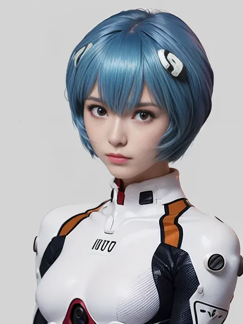 (Best Quality, hight resolution, masutepiece:1.2), 1girl in, Ayanamirei, bob cuts, plugsuit, Upper body view、Interface headset, Simple background, Light blue hair color, deadpan, full-face blush, embarrassed, Looking at Viewer