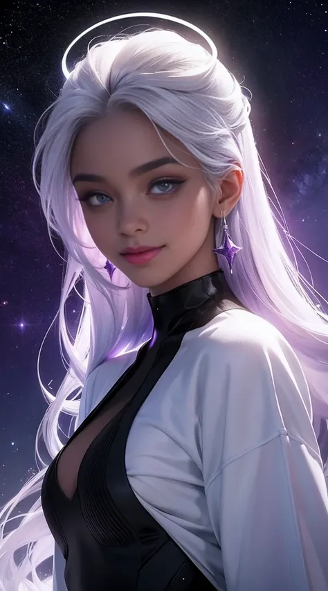  A black woman with a skin black as oil, made from universe material stars, white unicorn hair is long, had eyes purple and Similar To the Gojo, a halo of light on her head. She has the smile most beautiful. Best quality of Masterpiece in 16k