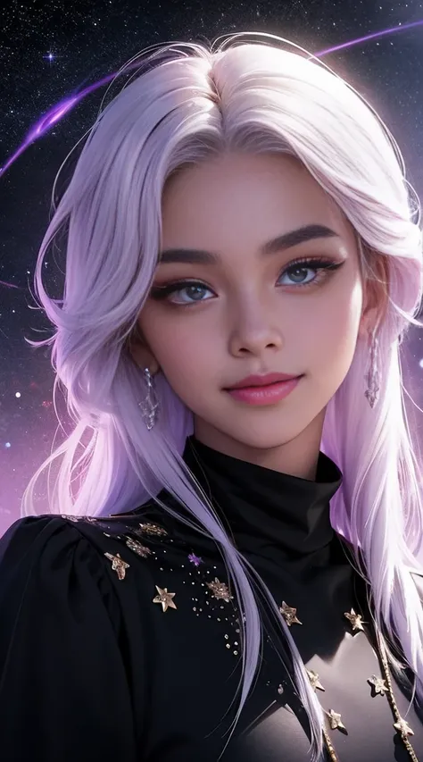  A black woman with a skin black as oil, made from universe material stars, white unicorn hair is long, had eyes purple and Similar To the Gojo, a halo of light on her head. She has the smile most beautiful. Best quality of Masterpiece in 16k