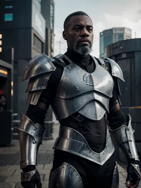  skinny Older black man, grey beard, big lips, grim expression,  full upper body shot, Warhammer armour, portrait , futuristic city