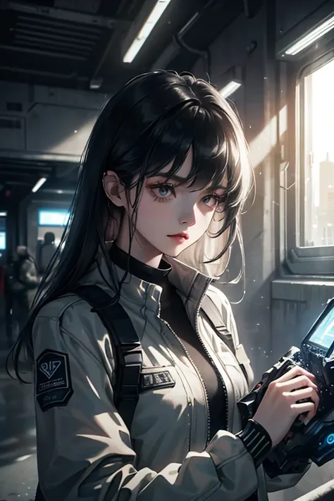 (best quality, 8K, realistic:1.2), ultra-detailed, dramatic lighting, digital art illustration, inside a shelter, (cool-toned, dim lighting), 16-year-old girl, holding a futuristic sci-fi computer, wearing a gray jacket, bangs, long black hair, beautiful d...