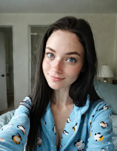 instagram selfie , a 23 year old gorgeous woman , slight smile , detailed skin face and eyes , natural lighting , at home , long hair, wearing cute pajamas , film grain, low contrast, natural face , freckles , black hair , blue eyes, topless, nice breasts,...