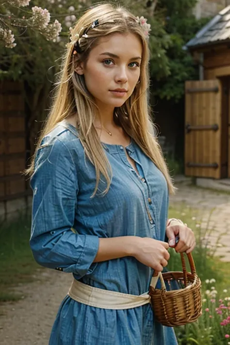 gorgeous scandinavian girl. blond hair. flowers in her hair. she holds a basket in her left hand. middle ages
