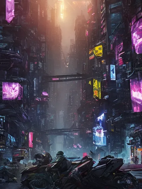 best quality,4k,8k,highres,masterpiece:1.2,ultra-detailed,realistic:1.37,sci-fi,dystopian,neon lights,grimy streets,skyscrapers,...