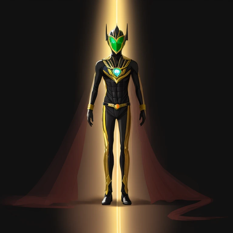 um close de uma pessoa em um terno preto e dourado, Kamen Rider character, hiper ultra detalhado, conceito de corpo inteiro, tokusatsu, novo design de conceito de fantasia, high fantasy Kamen Rider, symmetrical fullbody rendering, tokusatsu terno vaporwave...