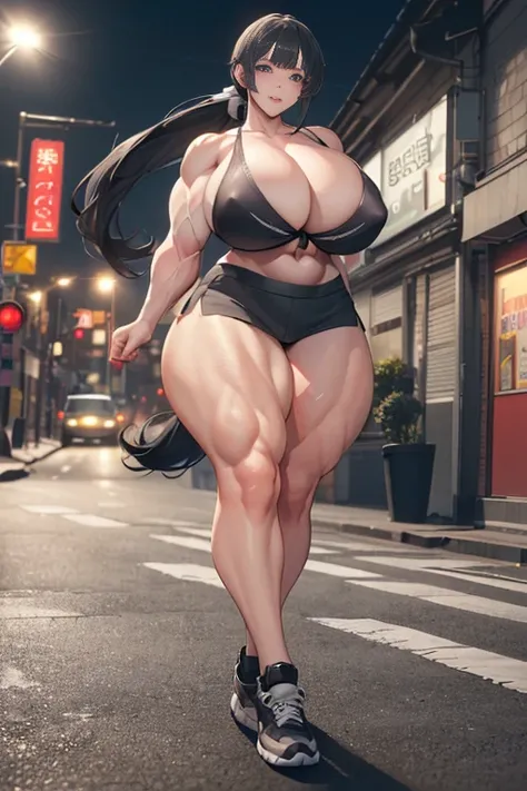 (Best quality,8K,ultra high res:1.5),(Pretty long tied ponytail hair anime girl),(Huge breasts:1.20),(very voluptuous body),(very voluptuous thigh),(body builder girl:1.5),(wide muscle:1.8),(light smile),(eyes to camera),(light black hair),(grey bra),(grey...