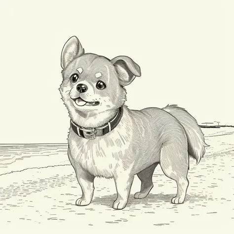 (high quality, 8k) line drawing, lineart, black and white, 1 cute and fluffy chihuahua dog on the beach