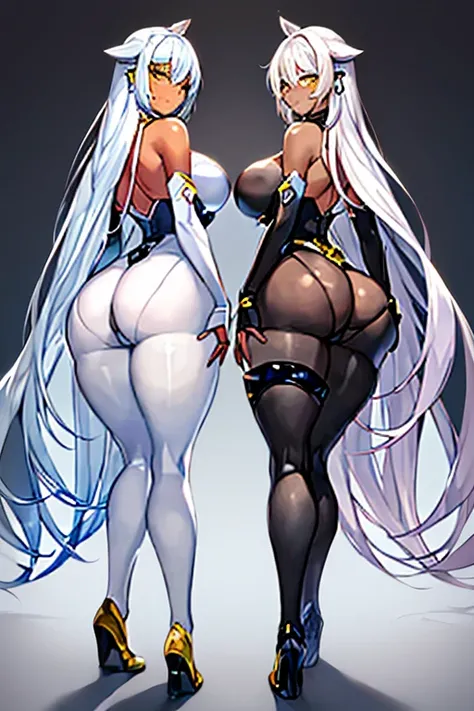 2girls, dark-skinned females, dark-skinned female, dark skin, white hair, long hair, large breasts, breasts, wide hips, yellow eyes, smile, bodysuit, black bodysuit, white trim, sleeveless, black pantyhose, pantyhose, futuristic, tech, science-fiction, ful...