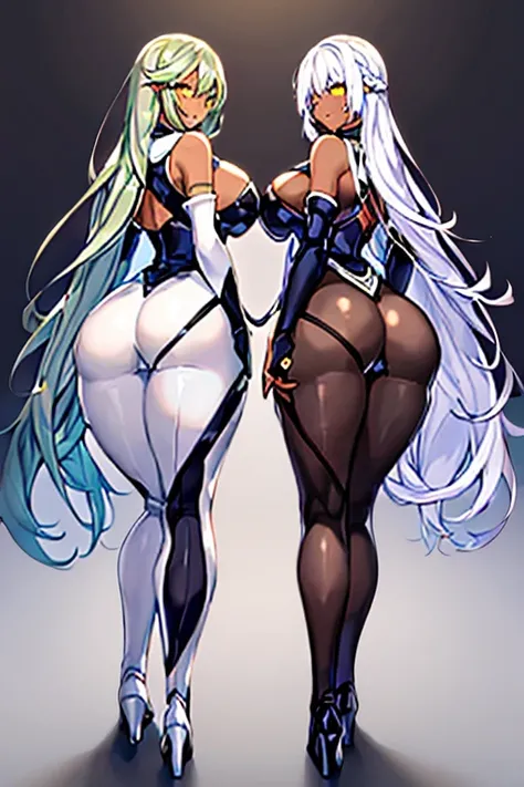 2girls, dark-skinned females, dark-skinned female, dark skin, white hair, long hair, large breasts, breasts, wide hips, yellow eyes, smile, bodysuit, black bodysuit, white trim, sleeveless, black pantyhose, pantyhose, futuristic, tech, science-fiction, ful...