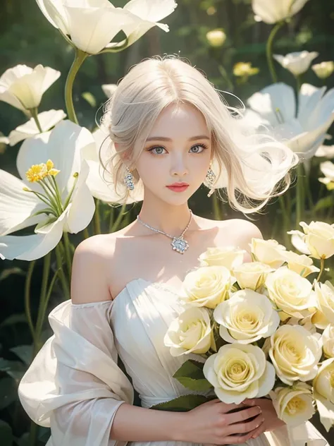 Yellow, pastel, white themed photos, A young model&#39;s full-length mirrored face has a beautiful smile and beautiful makeup as she looks at the camera., long white hair, Wearing an elegant, off-the-shoulder pastel yellow dress., Wearing diamonds without ...