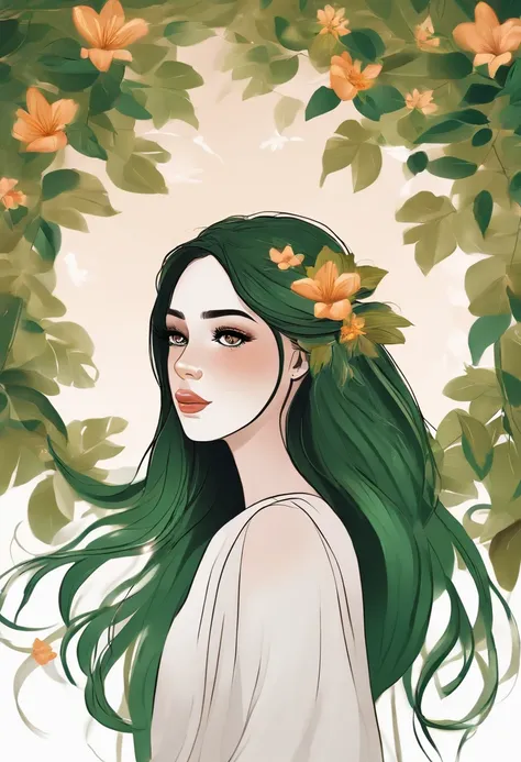 Girl long hair dark skin green eyes white clothes with details of leaves and flowers she cries tears run down her eyes , segurando uma coleira de cachorro
 , 8k，obra-prima，alta qualidade, estilo desenhos animados，Figura da paz，linhas de trabalho，illustrati...