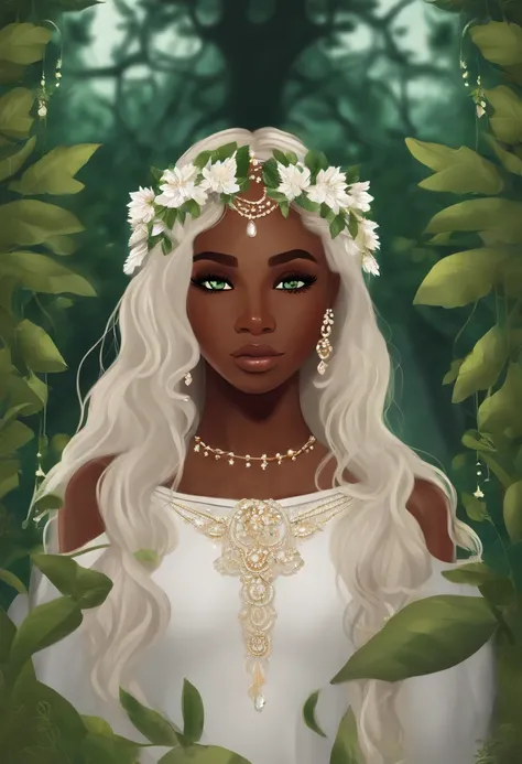 Girl long hair dark skin green eyes white clothes with details of leaves and flowers she cries tears run down her eyes , segurando uma coleira de cachorro
 , 8k，obra-prima，alta qualidade, estilo desenhos animados，Figura da paz，linhas de trabalho，illustrati...