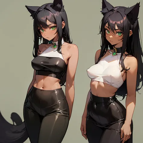 (((woman alone))),(((cat ear))),(((Long Black Hair))),(((dark skin))),(((green eyes))),(((body with slight curves))),(((thin waist and medium breasts))),(((wearing a nice outfit))),(((Alone)))