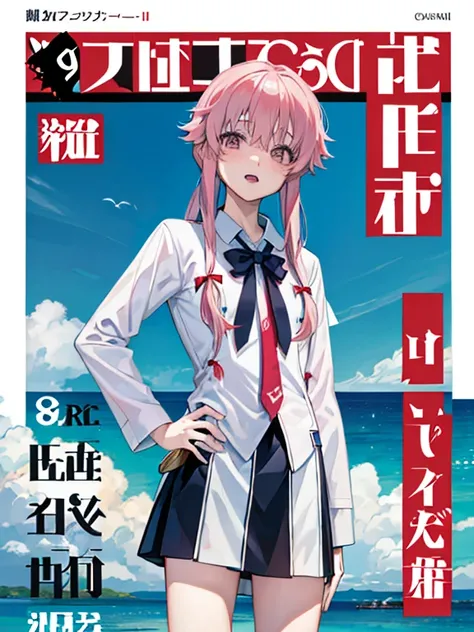 Yuno Kasai,uniform，white shirt，ocean park，With life tips，ocean park，comic book cover style，comic cover title,8K