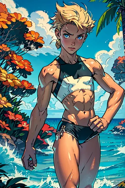 (masterpiece, high quality), 1girl, Caucasian, tomboy, slender, short spiky blonde hair, blue eyes, 9-years-old, (tropical beach background), (black panties), white crop top, strong arms, muscular thighs, ripped muscles, six pack abs, muscle arms, muscular...