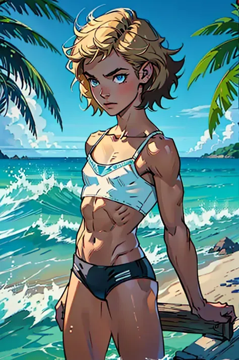 (masterpiece, high quality), 1girl, Caucasian, tomboy, slender, short spiky blonde hair, blue eyes, 9-years-old, (tropical beach background), (black panties), white crop top, strong arms, muscular thighs, ripped muscles, six pack abs, muscle arms, muscular...