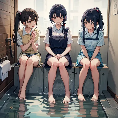 hot spring toilet、three girls、wearing a uniform、in front of the toilet in the public hot spring、leaking or holding back pee、blac...