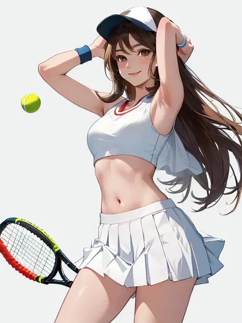 (best quality), ((masterpiece)), (highres), illustration, original, extremely detailed,ooo, 1girl, solo, racket, tennis racket, long hair, skirt, shoes, hat, holding, arm up, armpits, sneakers, brown eyes, white background, full body, navel, looking at vie...