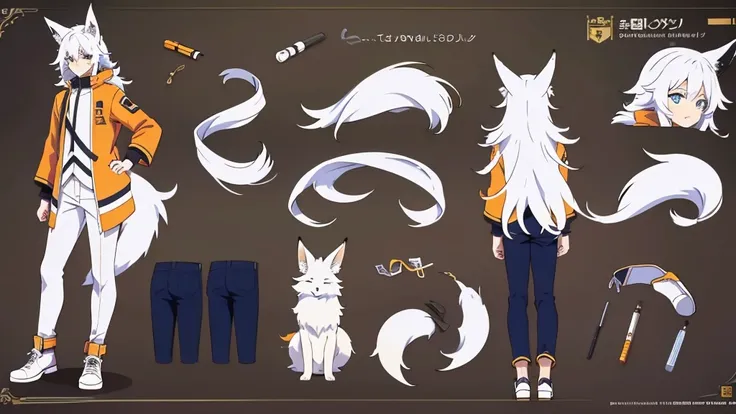 Character Sheet, full-body, male, white haired, fox ears, fox tail, anime, anime style, blue eyes, orange jacket, dark long pants, white shoes, 4k, high quality