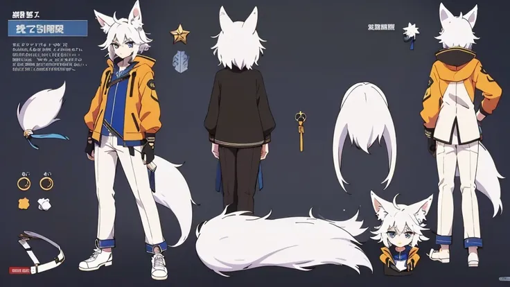 Character Sheet, full-body, male, white haired, fox ears, fox tail, anime, anime style, blue eyes, orange jacket, dark long pants, white shoes, 4k, high quality