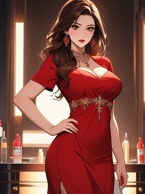 (best quality), ((masterpiece)), (highres), illustration, original, extremely detailed,1girl, solo, jewelry, earrings, red dress, brown hair, dress, breasts, looking at viewer, hand on hip, long hair, holding, standing, large breasts, lips, brown eyes, syr...