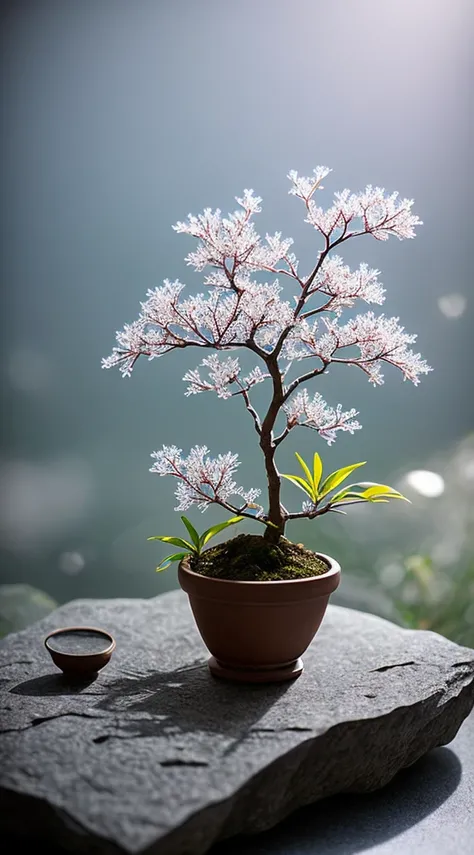 Plants, Snowflakes (Food Bar), Still Life, Winter, Peach Blossoms, Rock Garden, Bonsai Fog, Haze, Fine Details, Ultra Fine Details, Intricate Details, Film Style, Surrealist Soft Light, Studio Lighting, Diffuse Soft Light, Shallow Depth of Field, Sharp Foc...