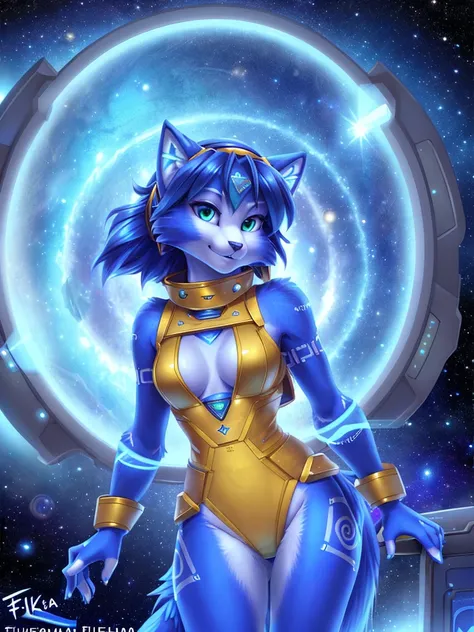 a beautiful and detailed (cute portrait) of ((Krystal)), Star Fox Krystal, skinny, adorable, green eyes, small breasts, spacesuit, typing on holographic computer, cleavage, grin, looking up,, anthro, furry, holographic screen, science fiction, uploaded E62...