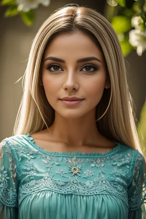 Mulher linda beleza encantadora chorando muito, tears flow, olhos lacrimejando, cabelos longos,
 olhos verdes roupa branca com detalhes de folhas e flores ela chora tears flow pelos seus olhos , segurando uma coleira de cachorro , 8k，obra-prima，alta qualid...