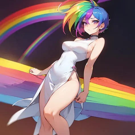 (((I want a woman, with rainbow hair, a body with a thin waist and medium breasts, bright rainbow eyes, wearing a beautiful dress)))