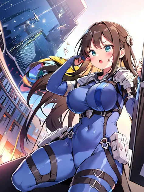 extreme detail,masterpiece,future city,with a girl (Energy Shield):1.3,Tight Fit Bodysuit,protect yourself from danger,use a shield in battle,Futuristic buildings,flying car,the shield becomes brighter,repel the invaders