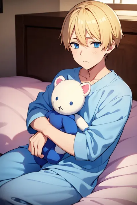 A short blond guy with blue eyes in pajamas with a plush toy in his hands