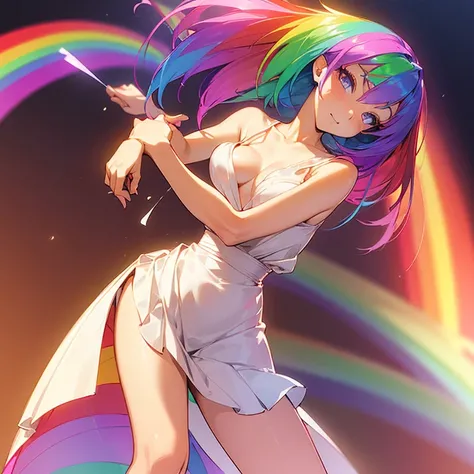 (((I want a woman, with rainbow hair, a body with a thin waist and medium breasts, bright rainbow eyes, wearing a beautiful dress)))