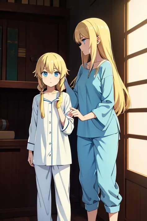 A short girl with long blond blue hair in pajamas with a bandaged hand