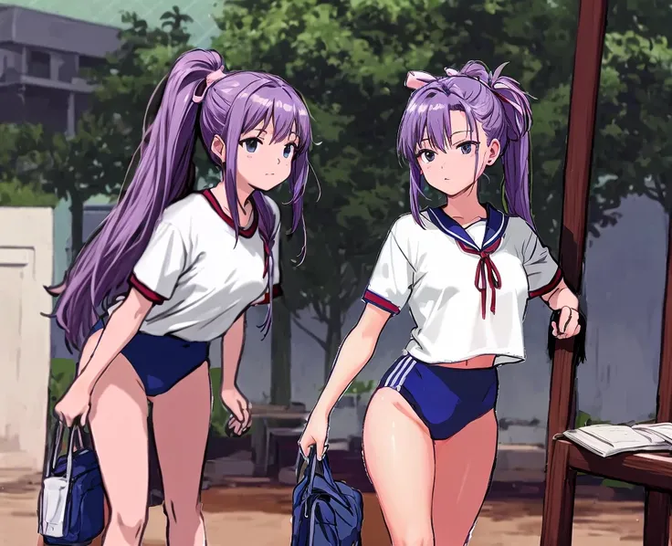 A beautiful woman with mauve-purple hair tied in a ponytail with a pale pink ribbon is standing in the school playground wearing white gym clothes and navy blue bloomers shaped like panties.。