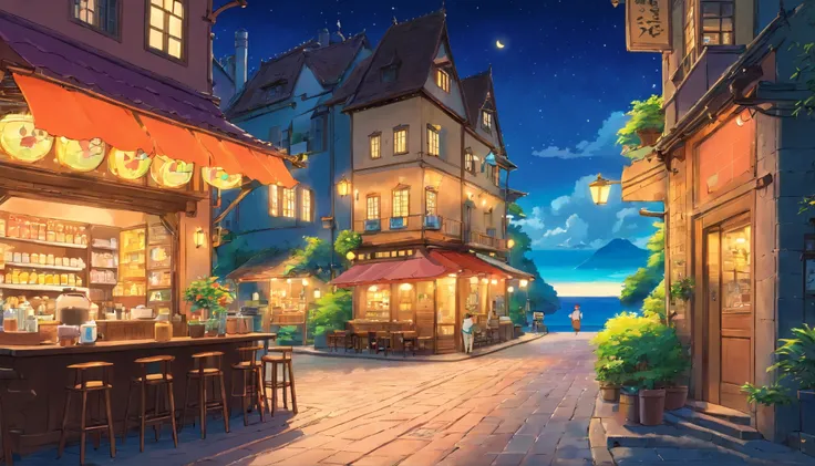 paisagem, anime, noite, café, lua