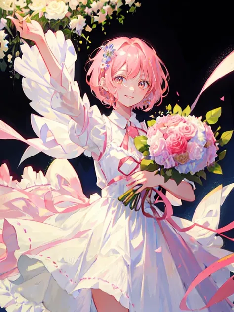 girl, pink hair, brown eyes, short cut, tying hair tips, smiling, holding a bouquet of flowers, white dress, upper body