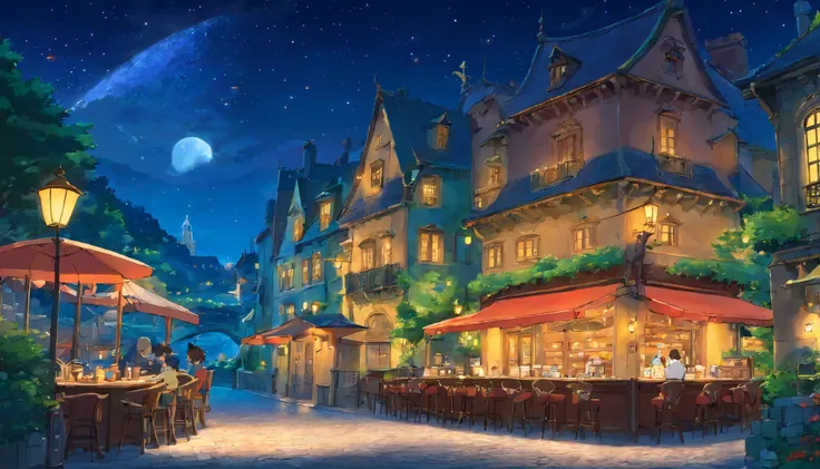 paisagem, anime, noite, café, lua, Dragon, castelo, paris