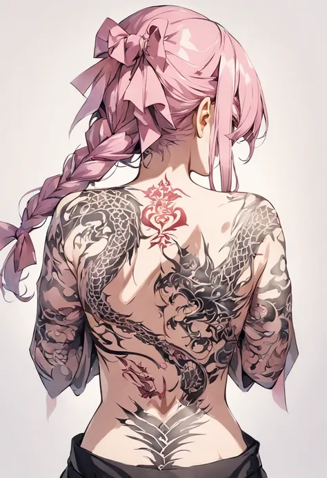 late,  1girl,  dragon tattoo, back tattoo,  defaerith, braided ponytail, hair bow, pink bow,  