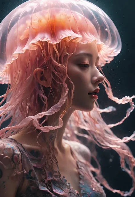 photo RAW, (Black and pink : Portrait of a ghostly jellyfish, shiny aura, highly detailed, gold filigree, intricate motifs, organic tracery, by Android jones, Januz Miralles, Hikari Shimoda, glowing stardust by W. Zelmer, perfect composition, smooth, sharp...