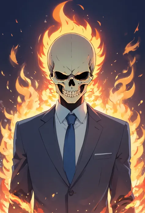 Man in suit, skull head ,Head on fire, 