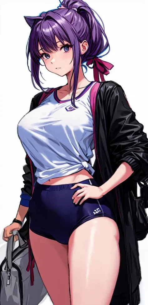 A beautiful woman with a mature face, her mauve-purple hair tied in a ponytail with a pale pink ribbon, is standing in the school playground wearing white gym clothes and navy blue bloomers shaped like panties.。