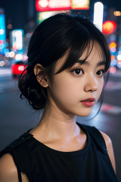 1girl, Tokyo street,night, cityscape,city lights, upper body,close-up, 8k, RAW photo, best quality, masterpiece,realistic, photo-realistic, Black hair, top, cute hair clips.