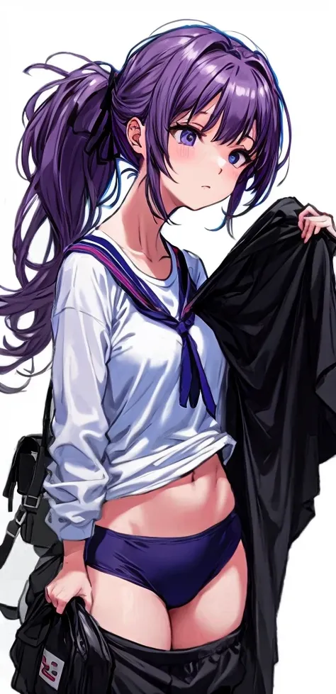 A beautiful woman with a mature face, her mauve-purple hair tied in a ponytail with a pale pink ribbon, is standing in the school playground wearing white gym clothes and navy blue bloomers shaped like panties.。