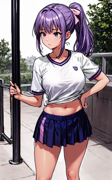 A beautiful woman with a mature face, her mauve-purple hair tied in a ponytail with a pale pink ribbon, is standing in the school playground wearing white gym clothes and navy blue bloomers shaped like panties.。