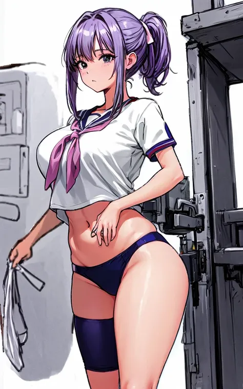 A beautiful woman with a mature face, her mauve-purple hair tied in a ponytail with a pale pink ribbon, is standing in the school playground wearing white gym clothes and navy blue bloomers shaped like panties.。